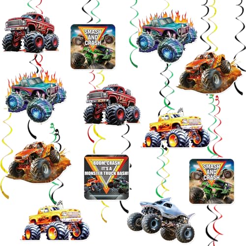12 Pcs Monster Truck Hanging Swirls Monster Truck Birthday Decorations, Monster Truck Party Decorations, Monster Truck Decorations for Boys Kids Monster Truck Party 2L-Monster