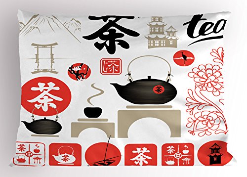 Ambesonne Tea Party Pillow Sham, Japanese Design with Cultural Elements Flowers Fuji Mountain Tea Pot, Decorative Standard Queen Size Printed Pillowcase, 30
