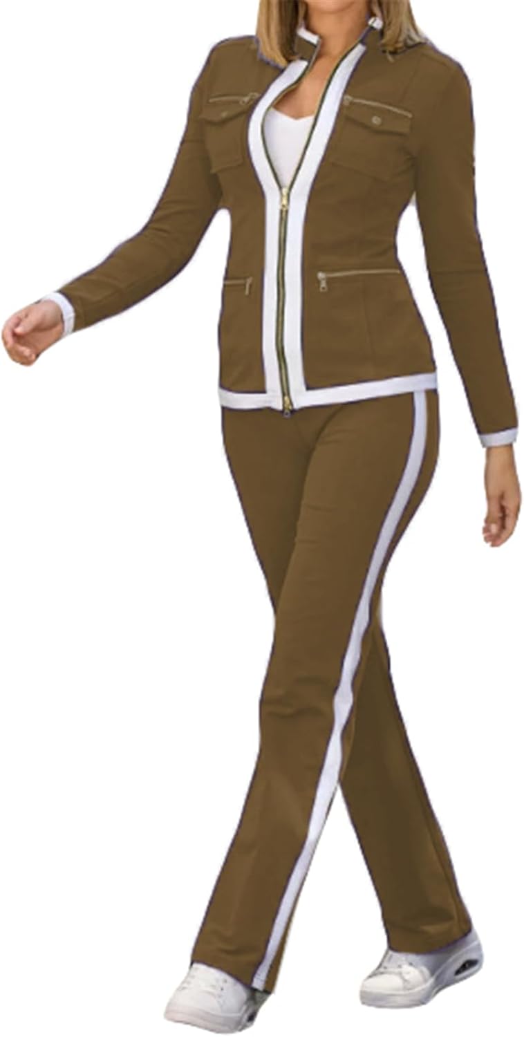 Womens Sexy 2 Pieces Colorblock Blazer Zipper Jackets Bodycon Pants Party Clubwear Tracksuit Outfits Set
