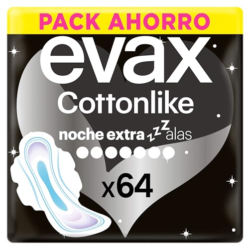 Evax Cottonlike Noche Extra, 64 Compresas Extra con Alas, Hasta 100% Noches Limpias, Más ancha y más larga pero igual de fina