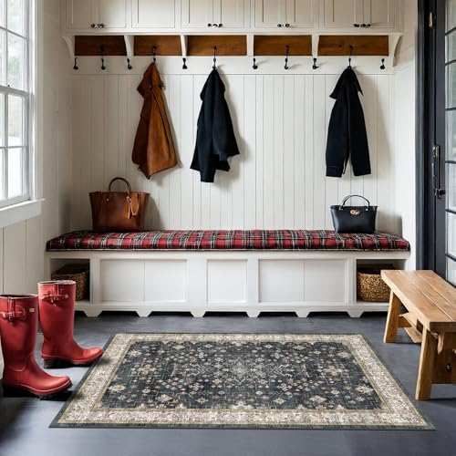 Image of Large 3x5 Entryway Rug Indoor - Washable Non-Slip Low Pile Ultra Soft Area Rug for Large Kitchen, Bedroom Bedside, Mudroom - Distressed Boho Modern Aesthetic Geometric Decor, Ashen /Multi