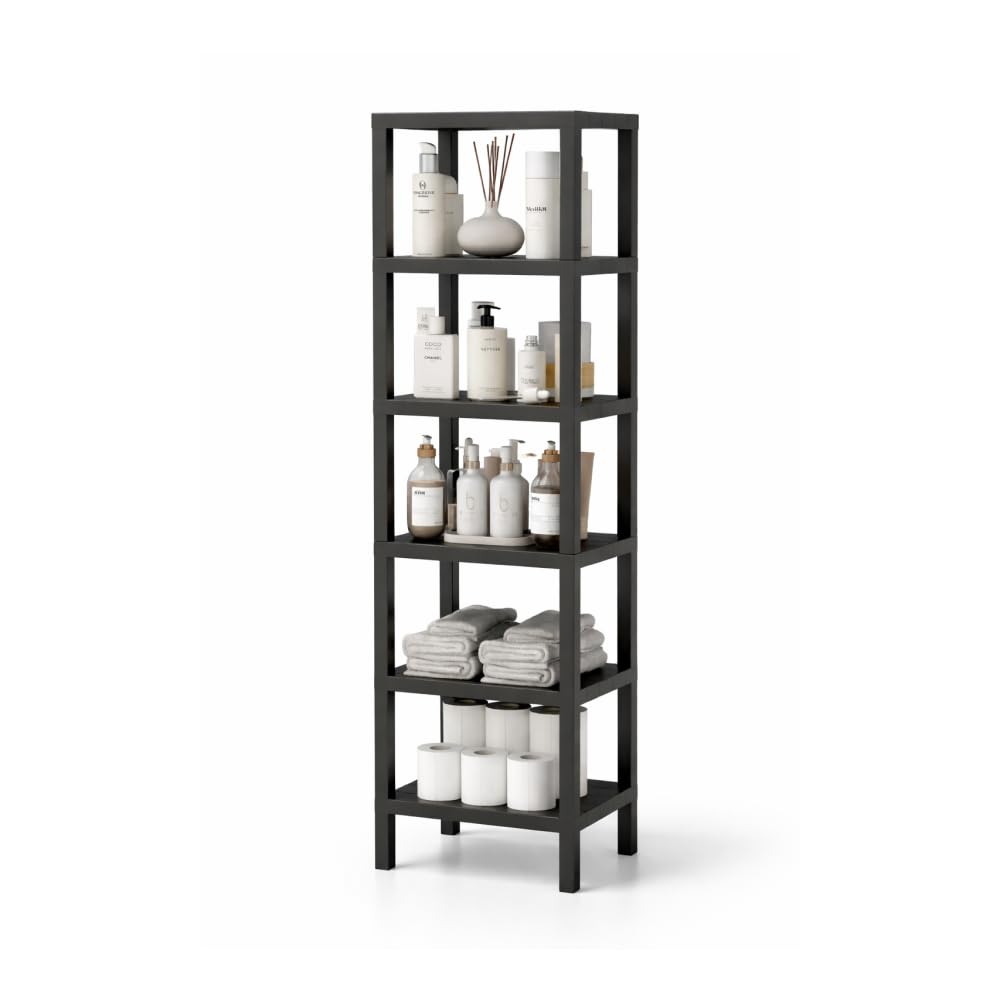 sugodesign OMBEG Étagère flexible à 6 niveaux en plastique - Capacité de charge de 10 kg par niveau - Montage sans outil - Pour salle de bain, cuisine, bureau - Noir