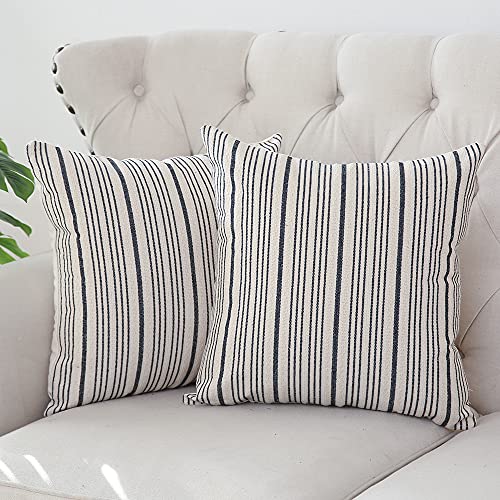 Kiuree Navy Blue And Cream Farmhouse Throw Pillow Covers 20 X 20, Modern Accent Square Decorative Pillow Case, Set Of 2 Stripes Textured Linen Throw Pillow Case For Sofa Couch Chair Bedroom(Navy Blue) #TOP1