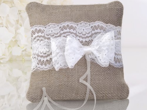 Party Décoration Mariage - Coussin alliances en jute naturelle et dentelle coussin jute 16cm x 16cm Cover