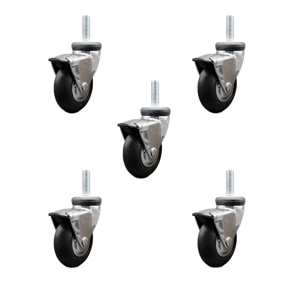 3 Inch Swivel Caster Wheels for Furniture - Bright Chrome Hooded Neoprene Rubber Wheel with 5/16 Inch - 18 TPI x 1-1/2 Inch Threaded Stem and Brake-550lbs. Total Capacity-Set of 5-Service Caster Brand