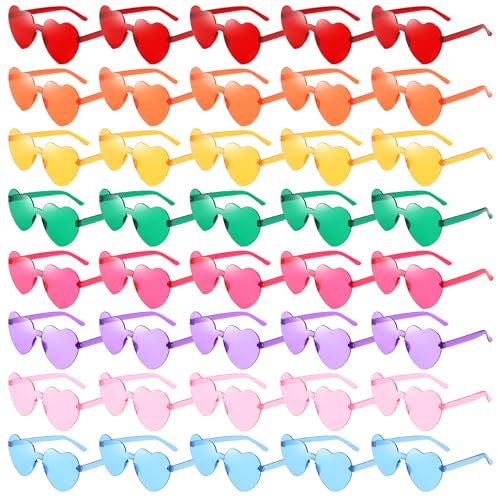 40 Pcs Heart Shaped Rimless Sunglasses Bulk Transparent Candy Color Glasses Colorful Party Eyewear for Women