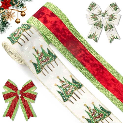 ALIBBON 2 Rolls 2.5" × 5 Yd Christmas Ribbons Xmas Tree Wired Burlap Ribbons Christmas Decoration Glitter Green Red Stripe Ribbon for Xmas Wreath Bow Making DIY Crafting Gift Wrapping Party Decor