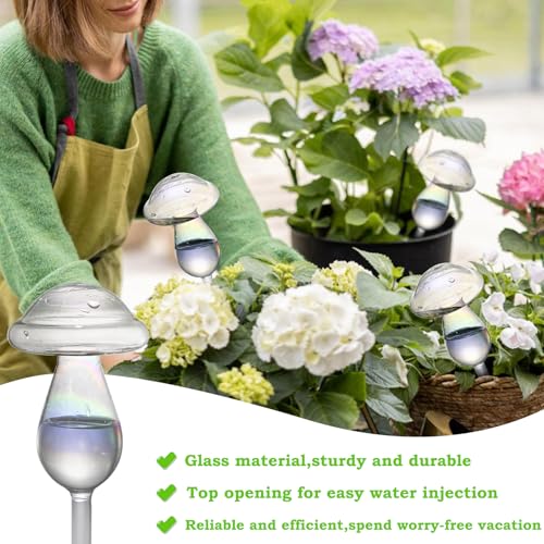 Nowaca Plant Watering Globes, 2PCS Self Watering Globes Made from Hand-Blown Glass, Iridescent Glass Mushrooms Plant Self Watering Devices, Automatic Watering System for Potted Plants