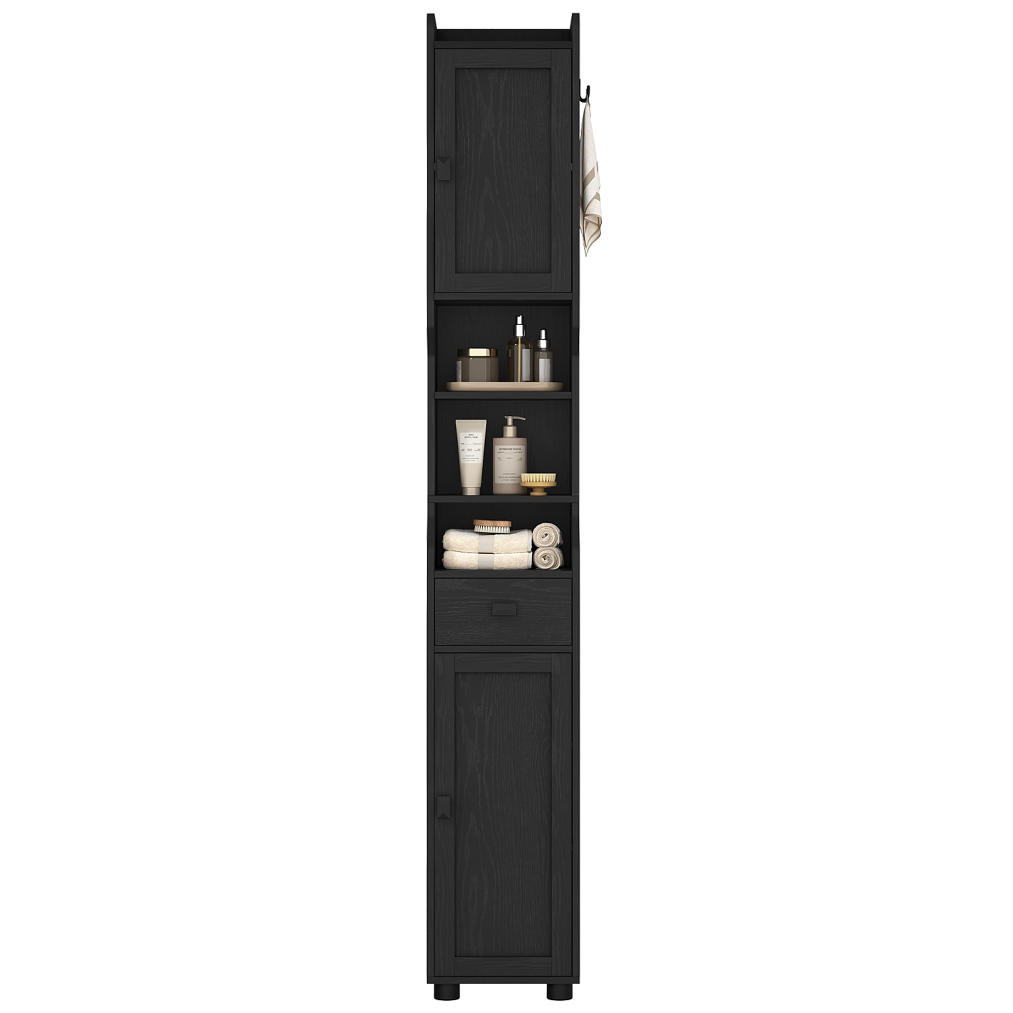 HEXCELEN Mueble de Baño Estrecho, Armario Alto de Baños con Compartimento Abierto y 2 Puertas, Estantes Ajustables, para Baño, Salón, Dormitorio, 28 x 28 x 180 cm, Negro