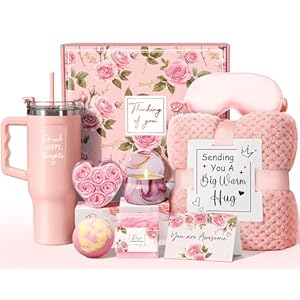 Birthday Gifts for Women Self Care Get Well Soon Gifts, Rose Relaxing Spa Gifts Box Care Package Basket w/ Luxury Flannel Blanket 40 oz Tumbler, Christmas Gifts Set for Mom Her Wife Girlfriend Sister
