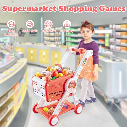 KalaDuck Shopping Cart for Kids, 31PCS Supermarket Shopping Trolley Cart Toy with Toy Food Shop Accessories, Pretend Play Shopping Basket Grocery Store Games for Toddlers Boys Girls Ages 3+ (Red)