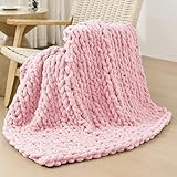 Bigacogo Chunky Knit Throw Blanket for Couch, 40x40 inches, 100% Hand Knitted with Thick Jumbo Chenille Yarn, Cozy Soft Large Rope Knot Cable Crochet Blankets for Sofa Bed Living Room, Blush Pink