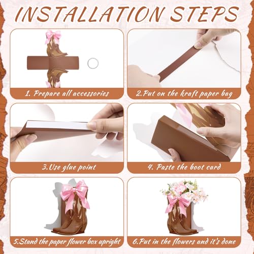 Image of 12 Set Brown Western Cowboy Bow Boots Flower Boxes Centerpiece Boot Shape Gift Boxes Western Party Decoration Vase Centerpiece for Table Boots for Rodeo Birthday Baby Shower Wedding Supplies