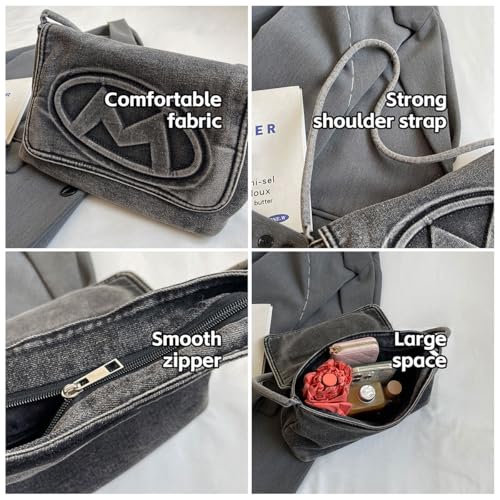 Denim Shoulder Bag for Women Casual Lightweight Retro Handbags with Embossed Pattern for Travel Shopping Daily Use (Black)4