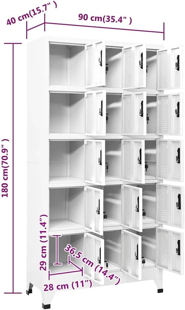 15-Door White Steel Locker Cabinet with Lockable Storage for Office and School Use, Modern Rectangular Design, Durable Metal Frame, Secure Cam Locks Included