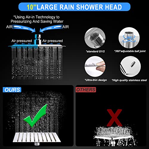 Shower Head, 10" High Pressure Rain Shower Head With With 11 Inch Extension Arm, 10-Mode Handheld Shower Head With Holder/Hose, Built-In Power Wash To Clean Tub, Tile & Pets, Flow Regulator, Chrome #TOP4