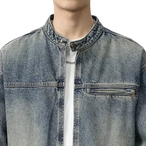 JEShifangjiusu Mens Stand Collar Spring Trendy Coat Moto Biker Zip Up Lightweight Jacket Slim-Fit Distressed Denim Outwear4