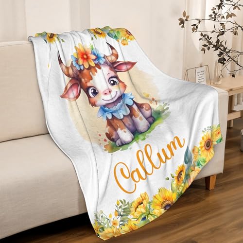 Image of Personalized Cow Baby Blankets for Boys, Custom Cow Gifts, Soft Lightweight Flannel Animal Sunflower Themed Print Throw Blankets for Bed, Sofa,Chair,50 inchx60 inch for Teens