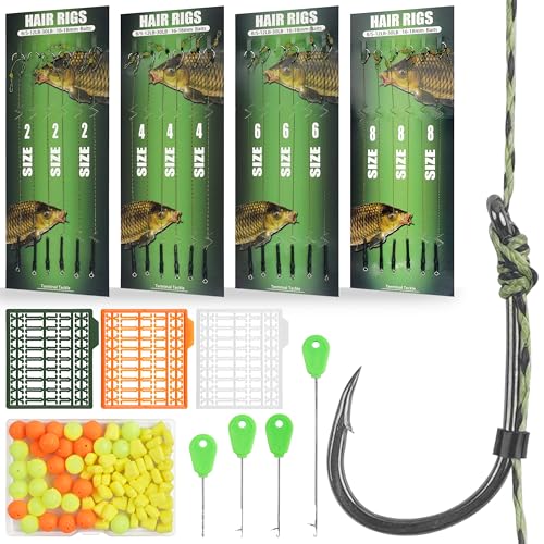 Kit de Anzuelos para Pesca de Carpa FUSIGO HBZH-8340-KIT, Juego de 24 Anzuelos Curvos de Acero al Carbono con Hilo Trenzado y Accesorios
