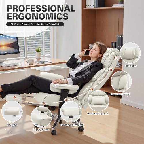 Image of BestGlory Office Desk Chair, Big and Tall Leather Gaming Chair with Footrest, Ergonomic Comfy Executive High-Back Reclining Computer Chairs, Wide Swivel Rolling Wheels and Padded Lumbar Support, White