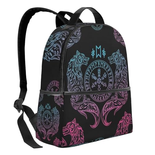 Extra Large Travel Backpack, Lightweight Daypack for Men and Women Purple Blue Vikings Fenrirs Vegvisir Design2