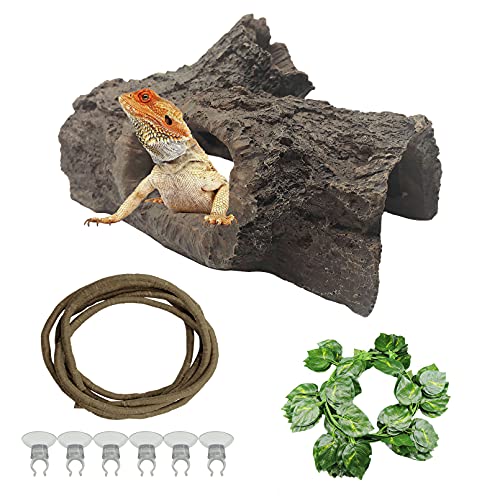 Tfwadmx Large Reptile Hides Lizard Resin Hollow Tree Trunk Hideout Bendable Vines Leaves Bearded Dragon Tank Accessories…