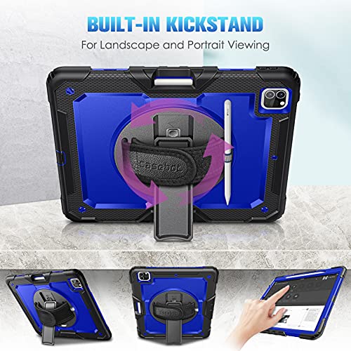 Casebot Case For Ipad Pro 12.9 Inch 5Th Gen 2021 With Pencil Holder, [360° Rotating Kickstand] Shockproof Cover With Hand Shoulder Strap, Screen Protector, Also Fit Ipad Pro 12.9" 4Th/3Rd Gen, Navy #TOP4