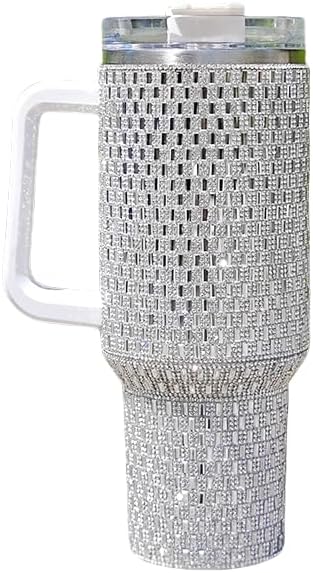 40 Oz Rhinestone Stainless Steel Tumbler With Handle & Straw Vacuum Insulated Bling Cup Made Premium Rhinestones, Metal Travel Coffee Mug, Bling Reusable Water Bottle -Gold