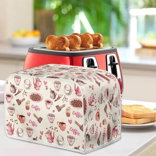 Image of Toaster Dust Cover 2 Slice, Microwave Toaster Oven Grill Cover Stain Resistant Dustproof Kitchen Small Appliance Cover with Top Handle for Kitchen, Coffee Pink Beige