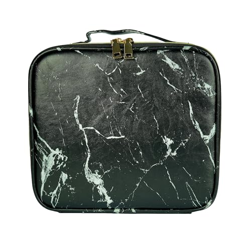 Image of Travel-Friendly Cosmetic Makeup Organizer Bag with Adjustable Compartments - Professional Toiletry Vanity Kit | Makeup Kit Storage Box | Cosmetic Bag | Makeup Brush Organizer (Black Marble)