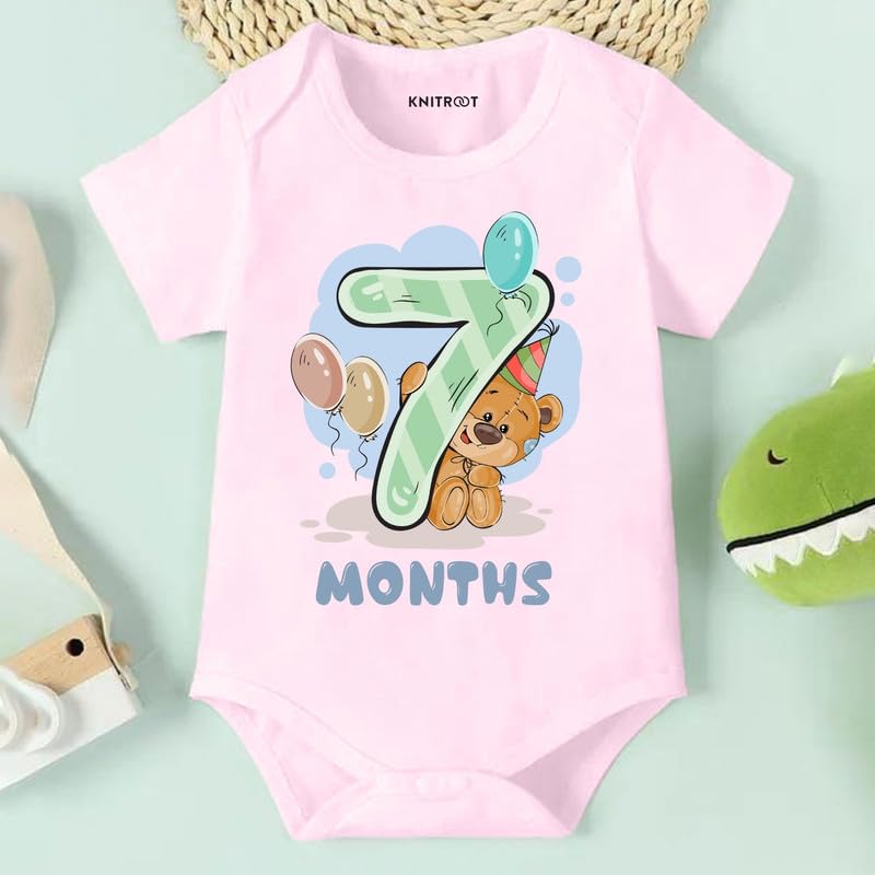Image of Knitroot Monthly Birthday Teddy Special, Newborn Baby Half Sleeve Unisex Romper, Onesies, Sleepsuit, Body Suit, Envelope Neck, 1 to 12 Months Print, 0-12 Months, Infant Cloth for Boys & Girls