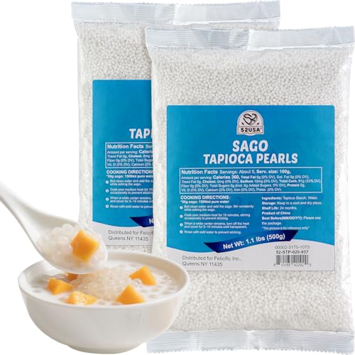 52USA Sago Pearls, Small Tapioca Pearls 1.1 lbs (Pack of 2), White Sago for Desserts and Bubble Milk Tea, All Natural, Vegan, Non-GMO, Gluten-Free