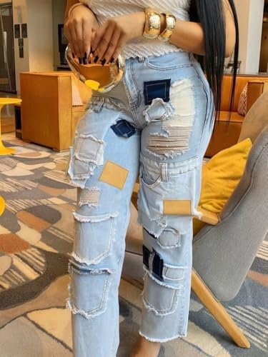 Tbahhir Women Distressed Jeans High Waist Wide Leg Patchwork Denim Pants Boyfriend Trendy Trouser with Pockets4
