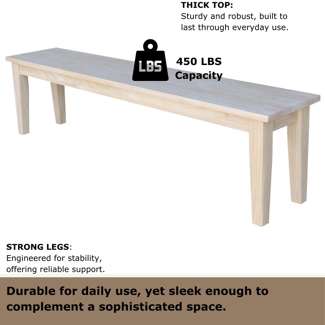 IC International Concepts Shaker Style Solid Wood Bench, 72" W, Unfinished