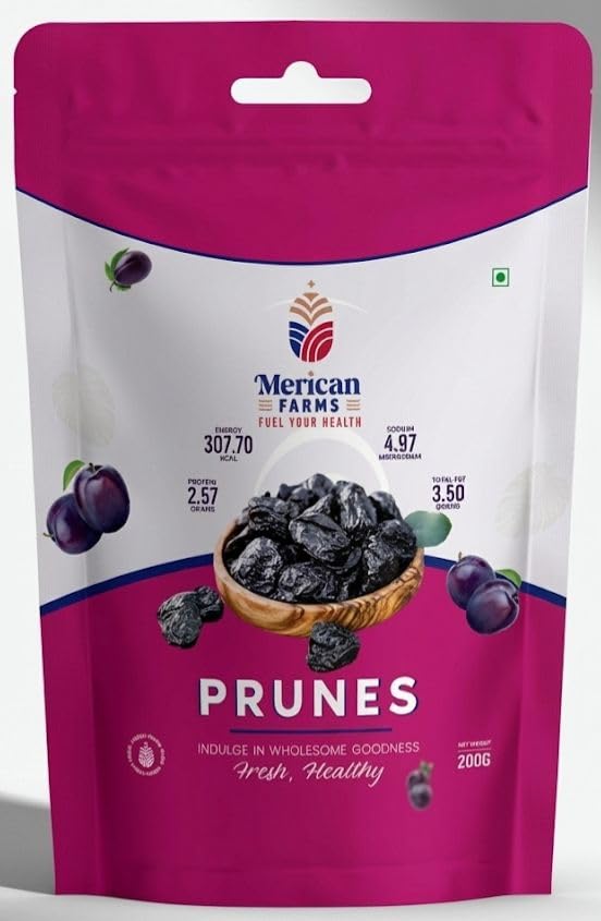 MERICAN FARMS California Premium Prunes,Fresh from Farm, Hand-picked, High in Vitamins and Fibers, Plums,Dried Pitted Prunes,200gm (Pack of 1)