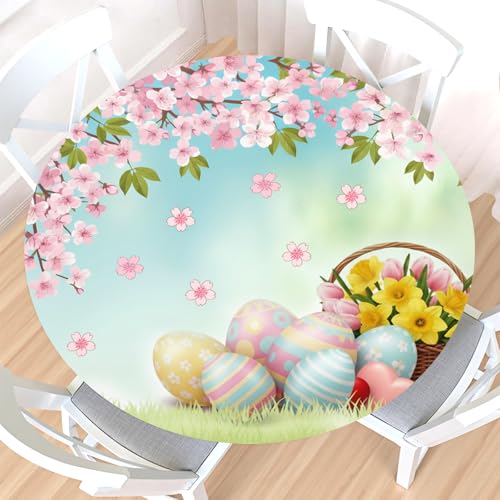 Easter Round Fitted Tablecloth with Elastic Edge,Water-Resistant Wipeable Spring Pink Teal Eggs Floral Green Grass Cherry Blossom Table Cover for 48-52" Stretch Table Cloth for Dinner Indoor Outdoor