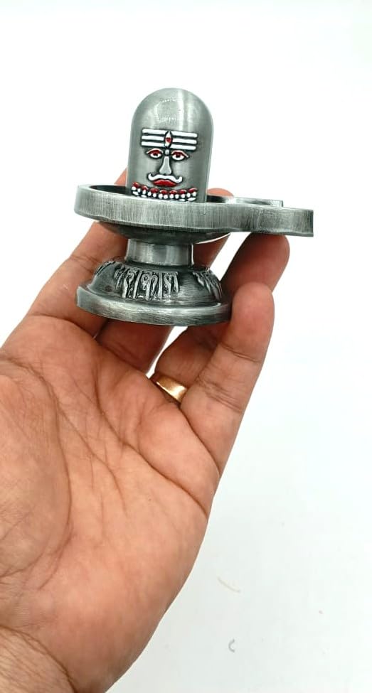 Image of Metal Shivling for Home Puja | Antique Brass Finish Shiv Ling Murti | Mahakal Shivling Idol for Temple, Office Desk & Meditation | Shiva Lingam Spiritual Gift (Silver Metal Shivling)
