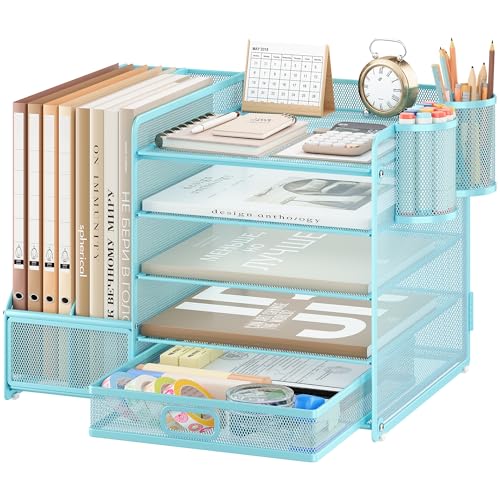 VITVITI Schreibtisch Organizer, 5 Ebenen Briefablage mit Schubladen, Aktenhalter mit 2 Stiftehalter, Büro Organizer mit Stehsammlere, Bürobedarf für A4 Dokumentenablag (Blau)