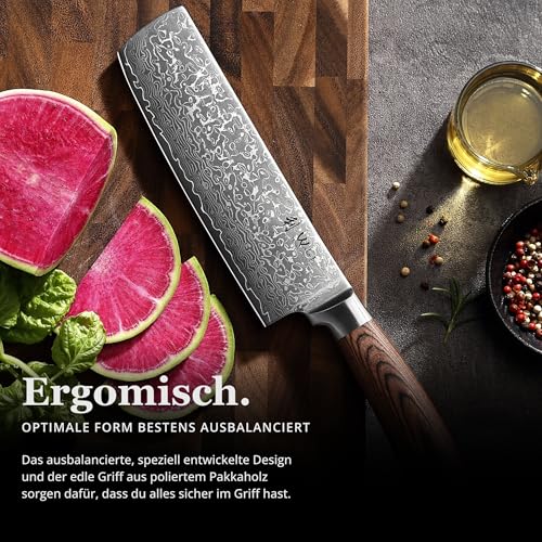 Wakoli EDIB Sakura Nakiri Messer 18 cm aus 67 Lagen Damaststahl mit VG10 Kern – Scharfes Damastmesser mit ergonomischem Pakkaholzgriff – Kochmesser für Gemüse, Kräuter & feine Schnitte in Geschenkbox
