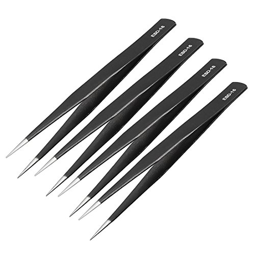 Uxcell Esd-16 Tweezers, Anti-Static Stainless Steel Non-Magnetic Straight Pointed Tip For Craft Electronics, 5" Overall Length 4 Pcs #TOP19