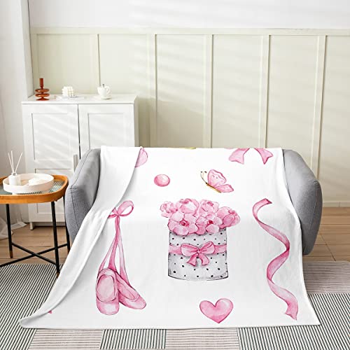 Cherry Blossom Fuzzy Blanket, Pink Butterfly Floral Fleece Blanket Bedroom Decor, Romantic Valentines Gift Throw Blanket For Girls Women, Ribbon Love Heart Flannel Blanket Sofa Couch, 40"X50" #TOP1