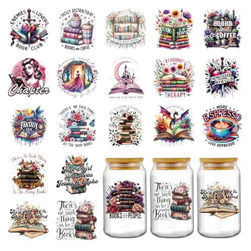 AFRITEE UV DTF Mug Wraps - 20 Sheets Funny Books Plants Coffee Uvdtf Tumbler Wrap for 16 oz Glass Water Bottle, Flowers Magic Pterosaur Transfer Sticker Decals DIY Mugs Decor Gifts for Book Lovers