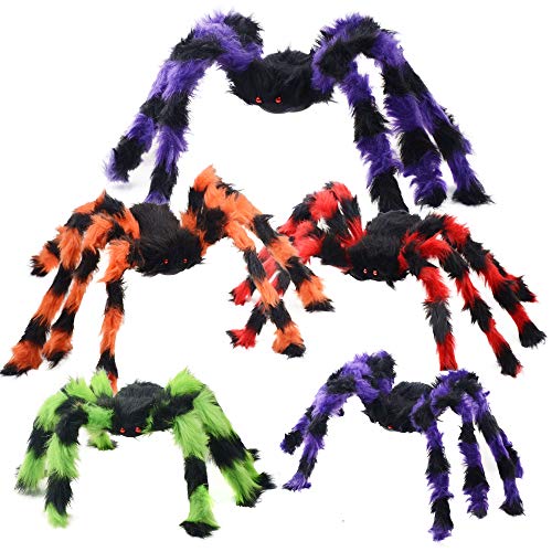 BEIGUO 5pcs Halloween Spider Giant Spider with Red Eyes Colorful Hairy...