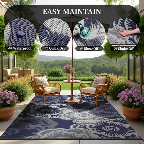 MontVoo Outdoor Rug 8x10 Waterproof Patio Rug-Outdoor Carpet Mat Reversible Plastic Straw Outside Outdoor Rug for RV Camping Picnic Beach Balcony Backyard Pool Deck Farmhouse Floral Navy Blue
