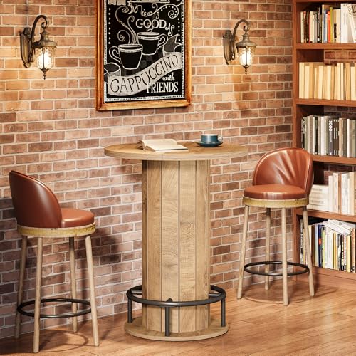 Image of Tribesigns Small Round Dining Table, Bar Height Circle Kitchen Table with Footrest, for Small Spaces, Dining Room, Bar, Bistro, Pub, Brown (Only Table)
