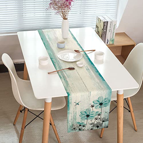 Teal Flower Table Runner, Vintage Farmhouse Country Floral Rustic Wood Table Runners for Dining Room, Kitchen, Living Room, Holiday and Party Table Decor 13 x 72inch by Uokiuki - Image 3