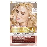 L'Oréal Paris Permanente Haarfarbe für jeden Hautton, Coloration ohne Ammoniak, Universale Nude-Töne mit vollständiger Grauhaarabdeckung, Excellence Creme, Nr. 10U Lichtblond (Blond), 1 Stück