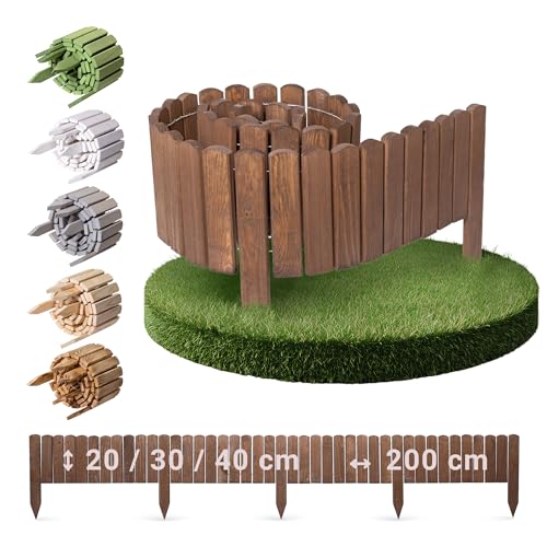BOOGARDI Beeteinfassung Holz · Rasenkante in 18 Designs · Braun 30 cm hoch x 200 cm lang · Beetbegrenzung Steckzaun Beetumrandung Rollzaun Beet Zaun Holzzaun Garten
