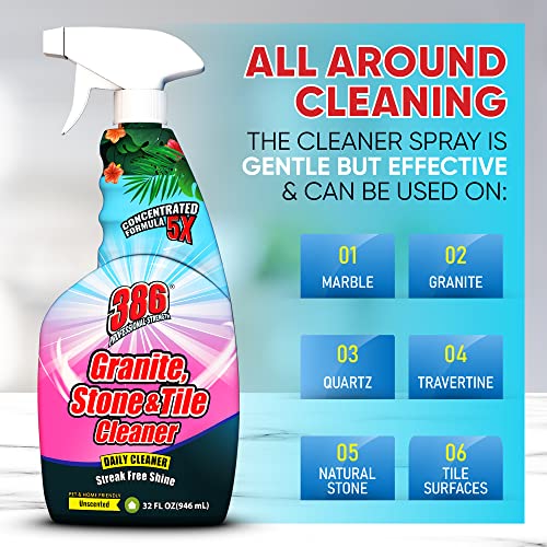 386 Professional Strength Granite Cleaner – Granite Stone And Tile Cleaner For Bathroom, Kitchen Countertop, Flooring – Marble Cleaner For Granite, Stone, Travertine, Quartz – No Residue – 32 Fl Oz Spray #TOP5