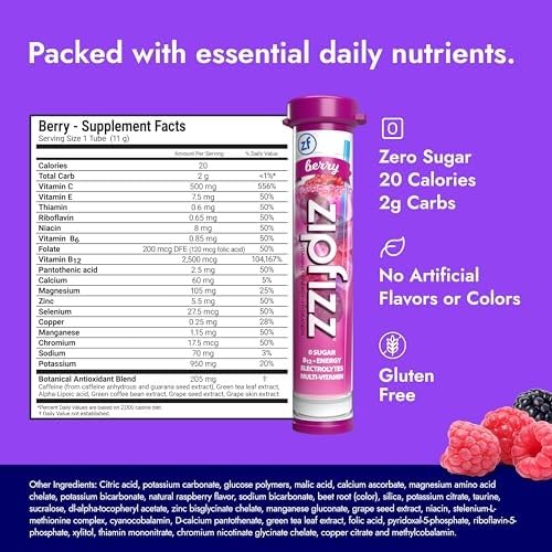 Image of Zipfizz Daily Energy Drink Powder, Berry, 12 Pack | 3-in-1 Sustained Energy, Rapid Hydration, and Essential Vitamins | Sugar-Free | Electrolyte Powder | Contains Vitamin B-12 & Antioxidants
